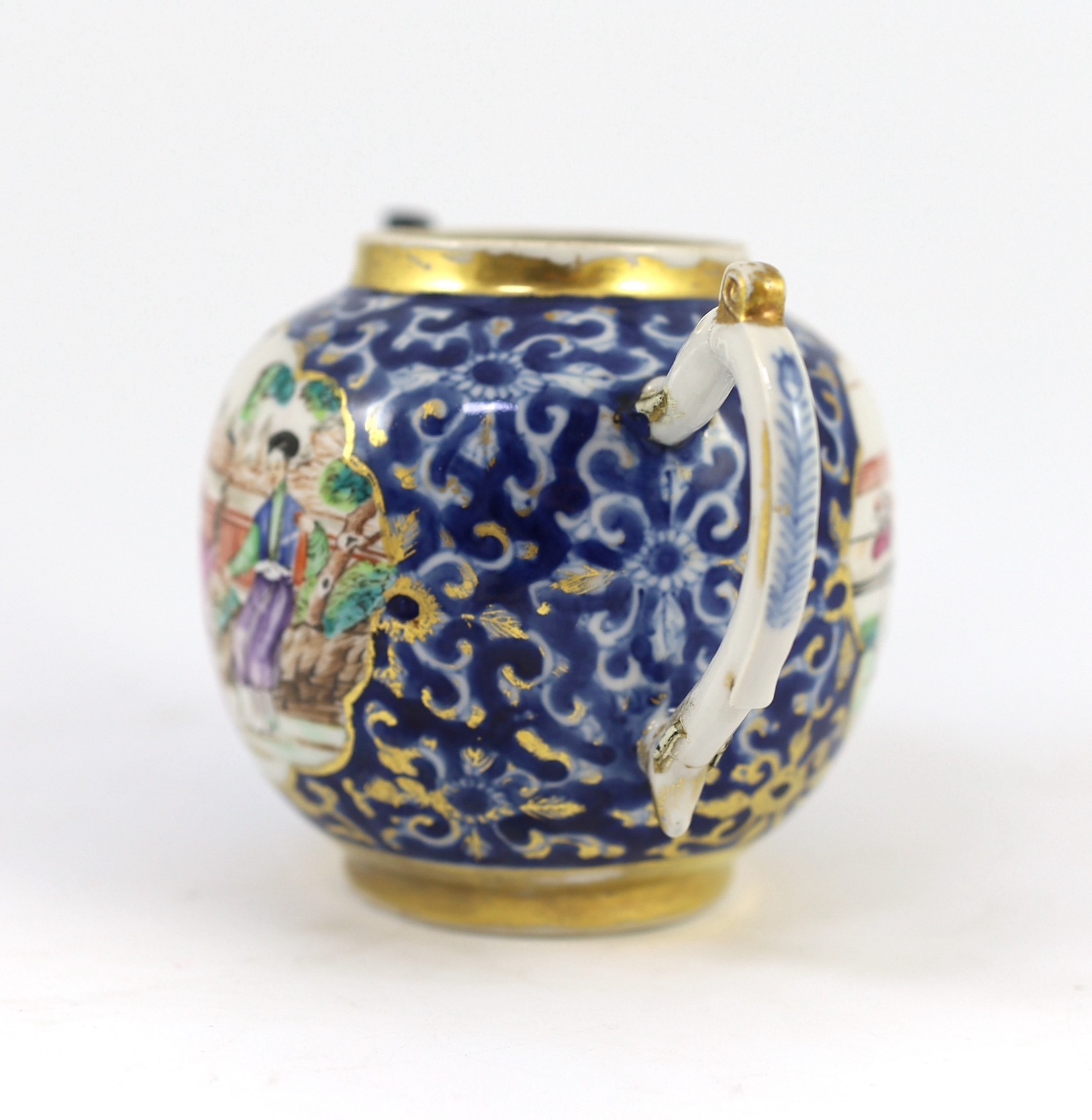 A Chinese export famille rose part tea and coffee set, Qianlong period, teapot 15cm high, some damage and wear to gilding